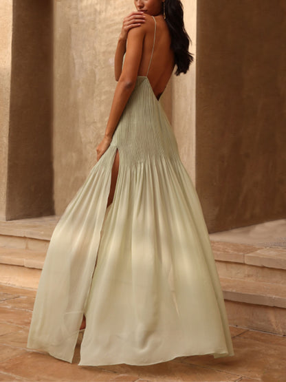 Vestido Longo Duna Plissado Patchwork com Fenda