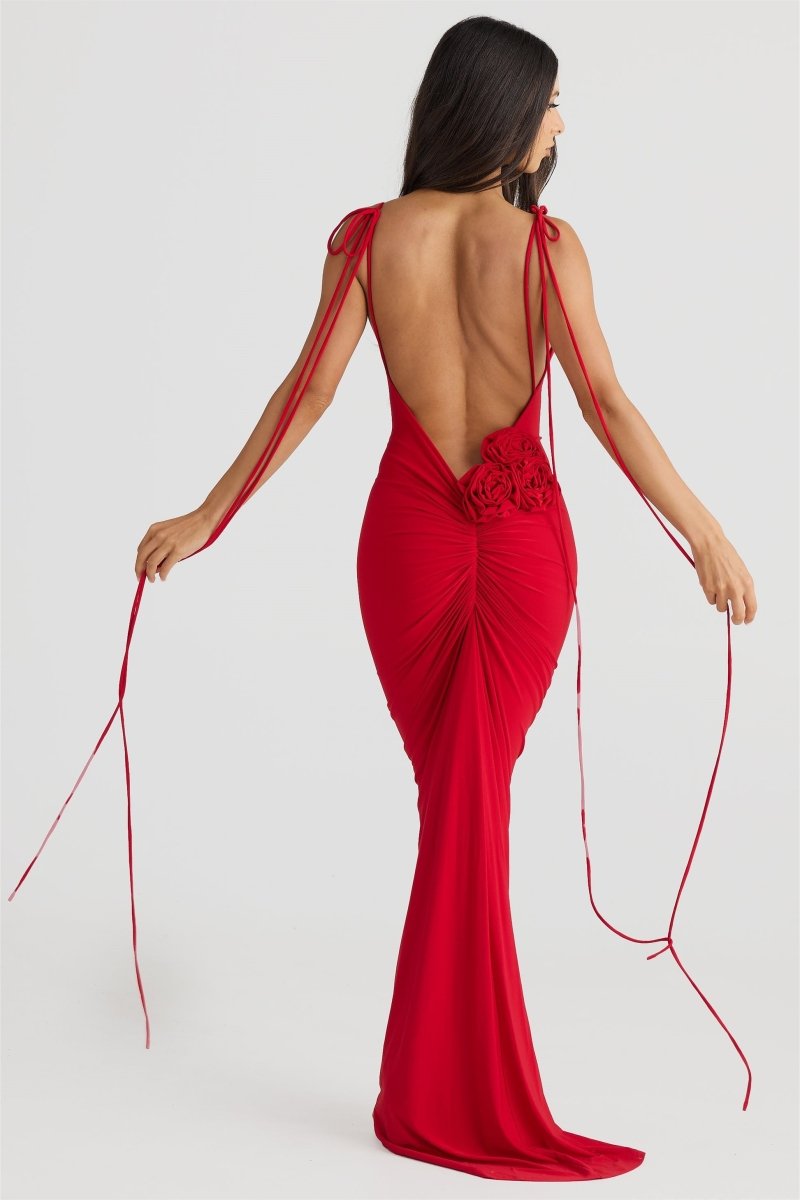Vestido Longo Elma Floral – Costas Abertas e Detalhe em Flor