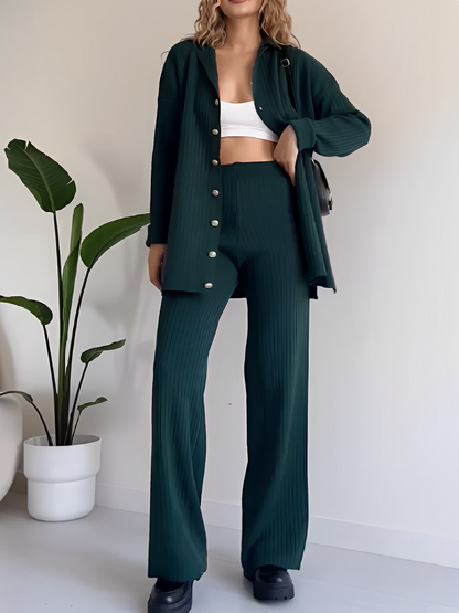 Conjunto Feminino Canelado com Camisa Alongada de Botões e Calça Reta com Elástico - Camila