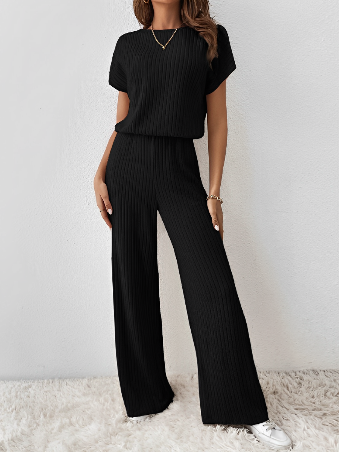 Conjunto Feminino Longo de Malha Canelada com  Blusa  Manga Morcego  e Calça Pantalona– Maite