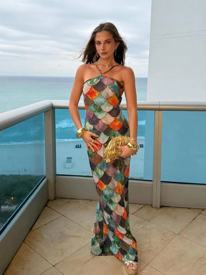 Vestido Longo Com Amarração No Pescoço Multicolorido