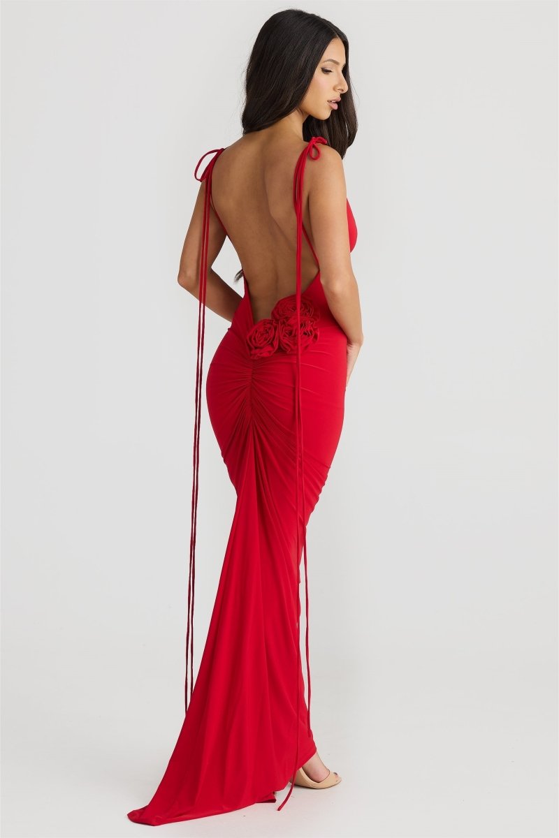 Vestido Longo Elma Floral – Costas Abertas e Detalhe em Flor