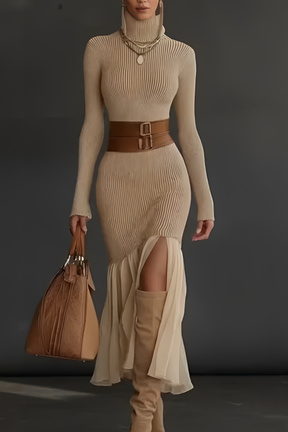 Vestido Longo Tricot Canelado com Gola Alta e Barra Assimétrica com Babado