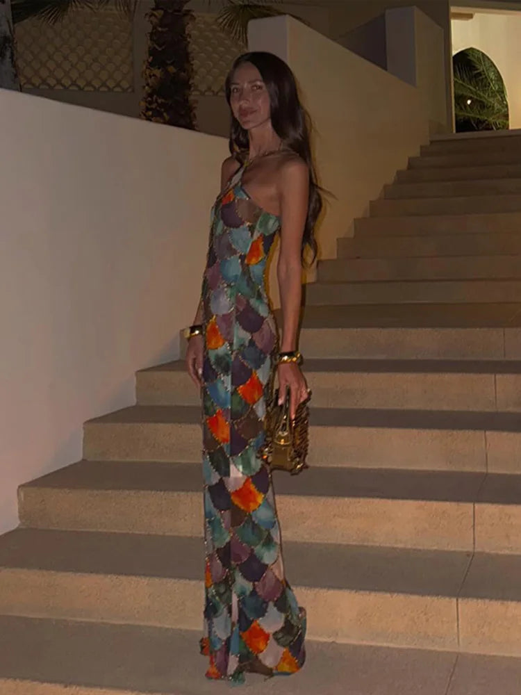 Vestido Longo Com Amarração No Pescoço Multicolorido