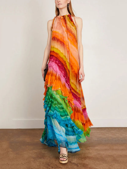 Vestido Longo Iris com Camadas Multicoloridas