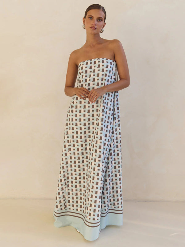 Vestido Longo Tomara que Caia Tina Xadrez Marrom Ombro a Ombro