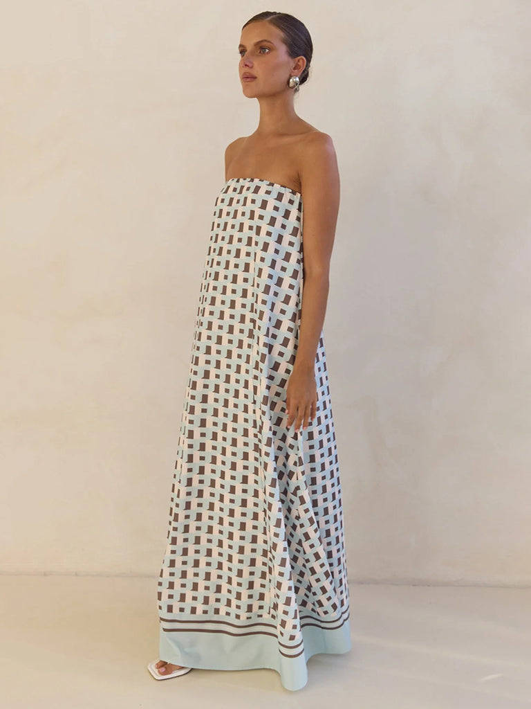 Vestido Longo Tomara que Caia Tina Xadrez Marrom Ombro a Ombro