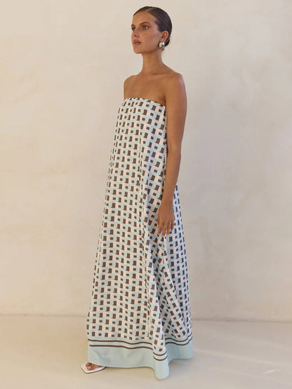 Vestido Longo Tomara que Caia Tina Xadrez Marrom Ombro a Ombro