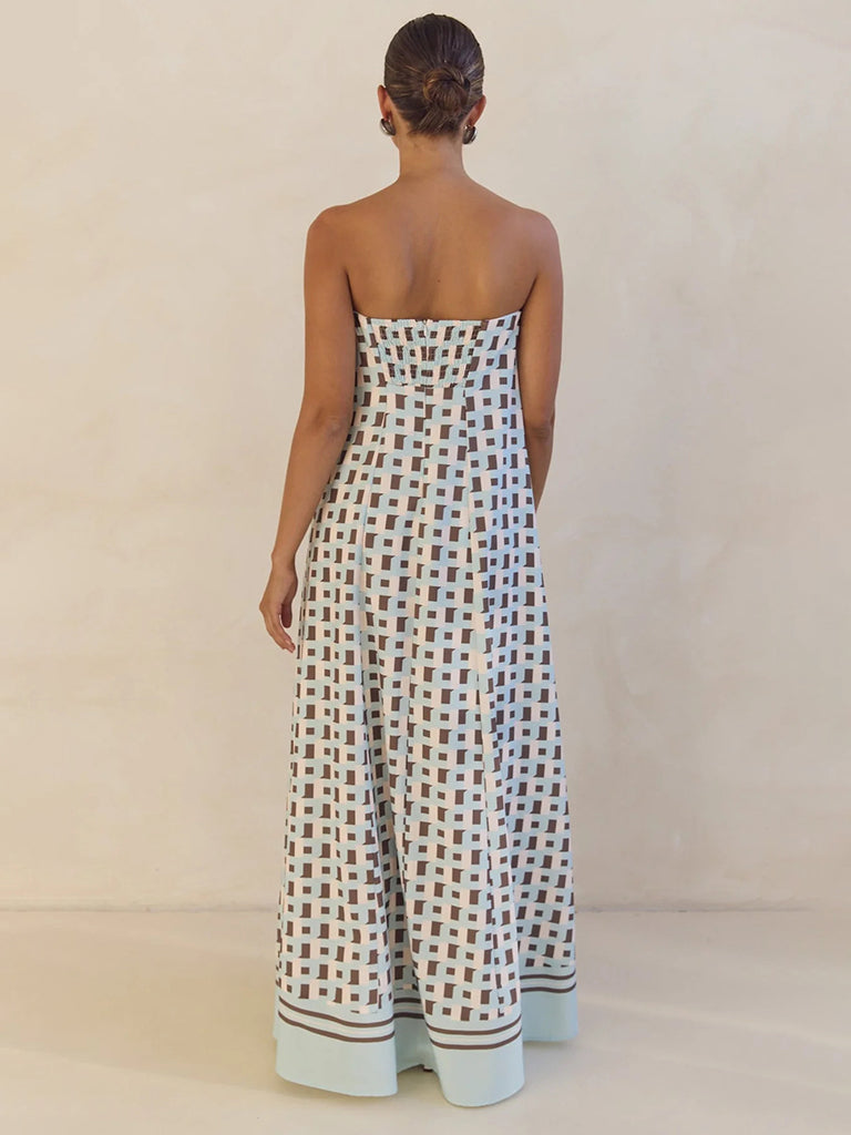 Vestido Longo Tomara que Caia Tina Xadrez Marrom Ombro a Ombro