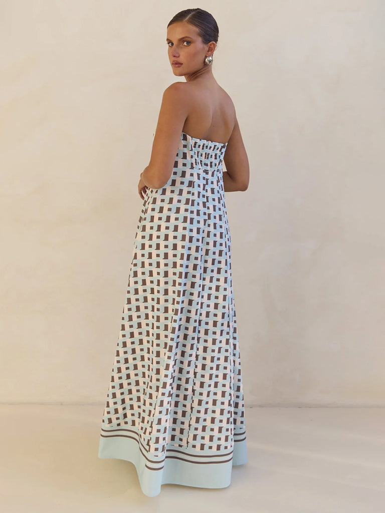 Vestido Longo Tomara que Caia Tina Xadrez Marrom Ombro a Ombro