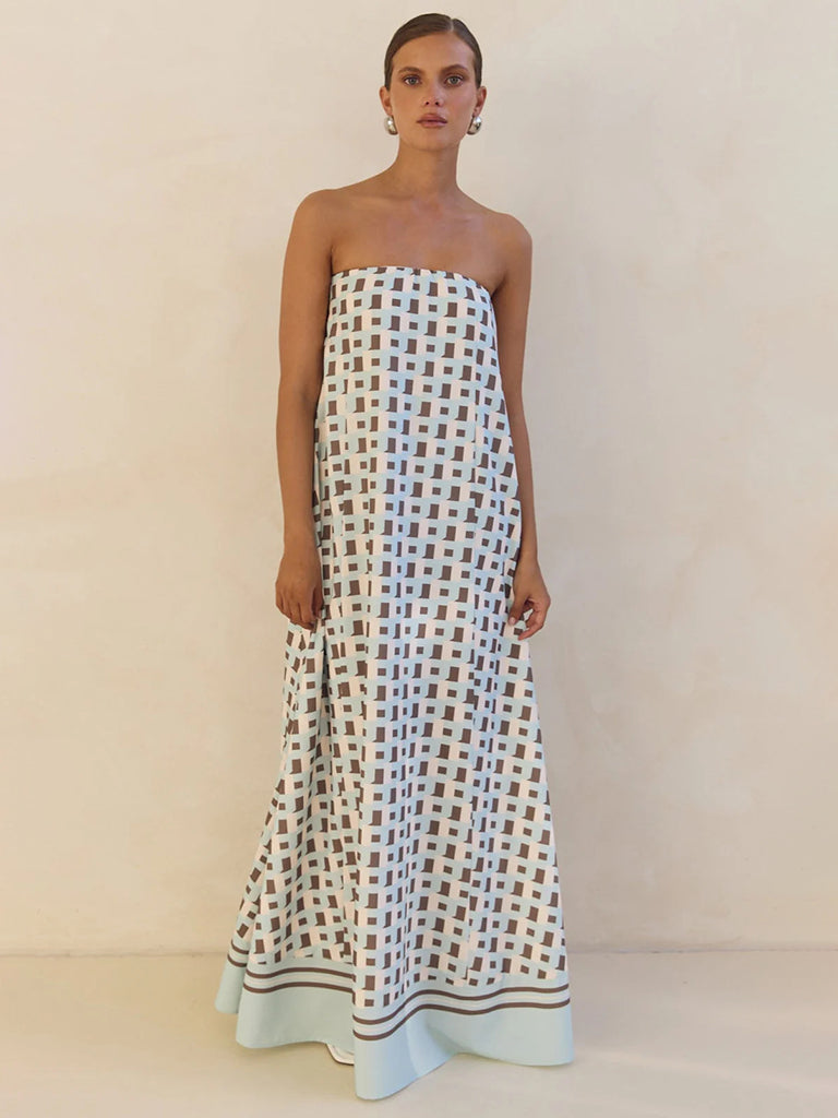 Vestido Longo Tomara que Caia Tina Xadrez Marrom Ombro a Ombro