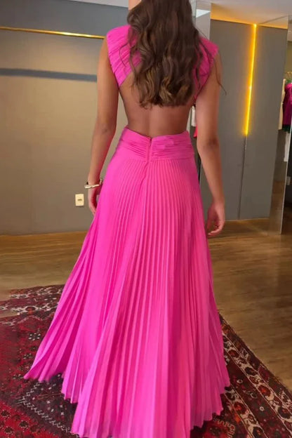 Vestido Feminino Maxi Plissado Marcela Cut-Out