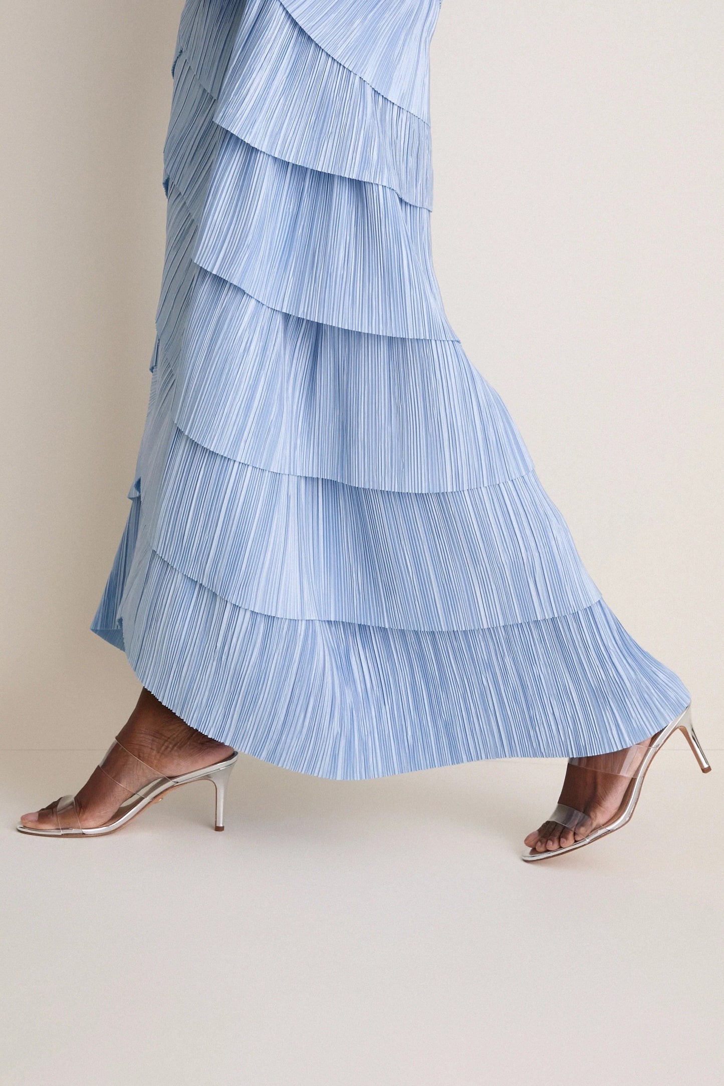 Light Blue Plissé Halter Tiered Maxi Dress