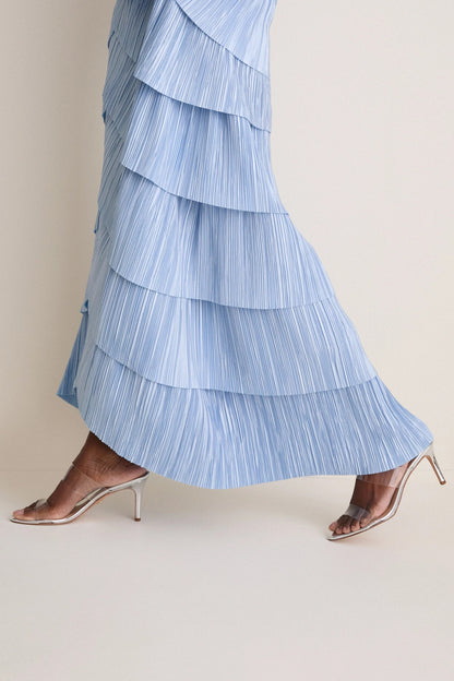 Light Blue Plissé Halter Tiered Maxi Dress