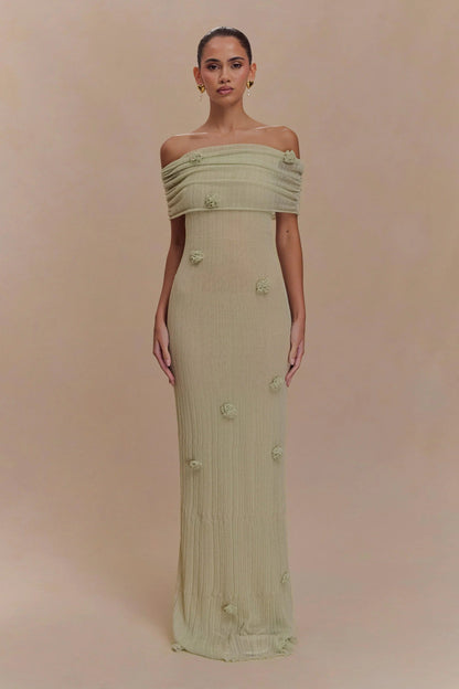Vestido Longo Tricot Sereia Verde Claro Ombro a Ombro com Aplicações de Orquídeas
