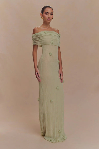 Vestido Longo Tricot Sereia Verde Claro Ombro a Ombro com Aplicações de Orquídeas