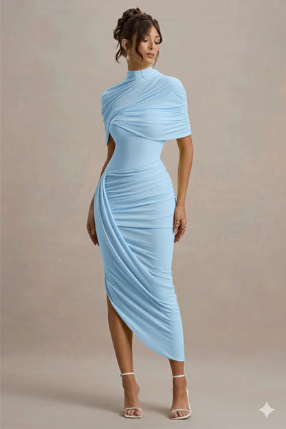 Vestido Midi Cinturado com Detalhe de Drapeado e Costas Nuas