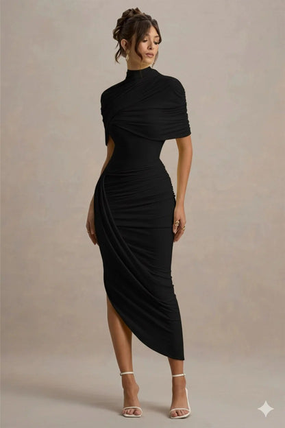 Vestido Midi Cinturado com Detalhe de Drapeado e Costas Nuas