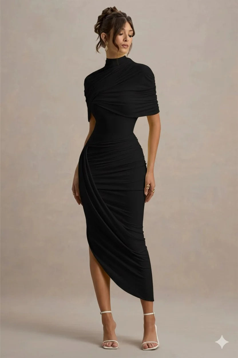 Vestido Midi Cinturado com Detalhe de Drapeado e Costas Nuas