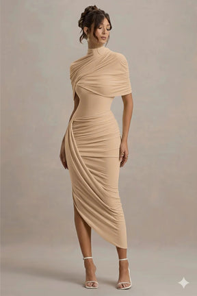 Vestido Midi Cinturado com Detalhe de Drapeado e Costas Nuas