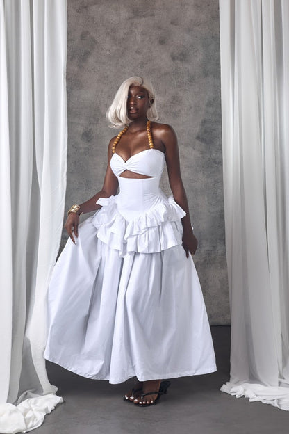 White Corset Tiered Ruffle Maxi Dress