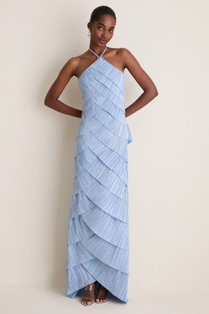 Light Blue Plissé Halter Tiered Maxi Dress