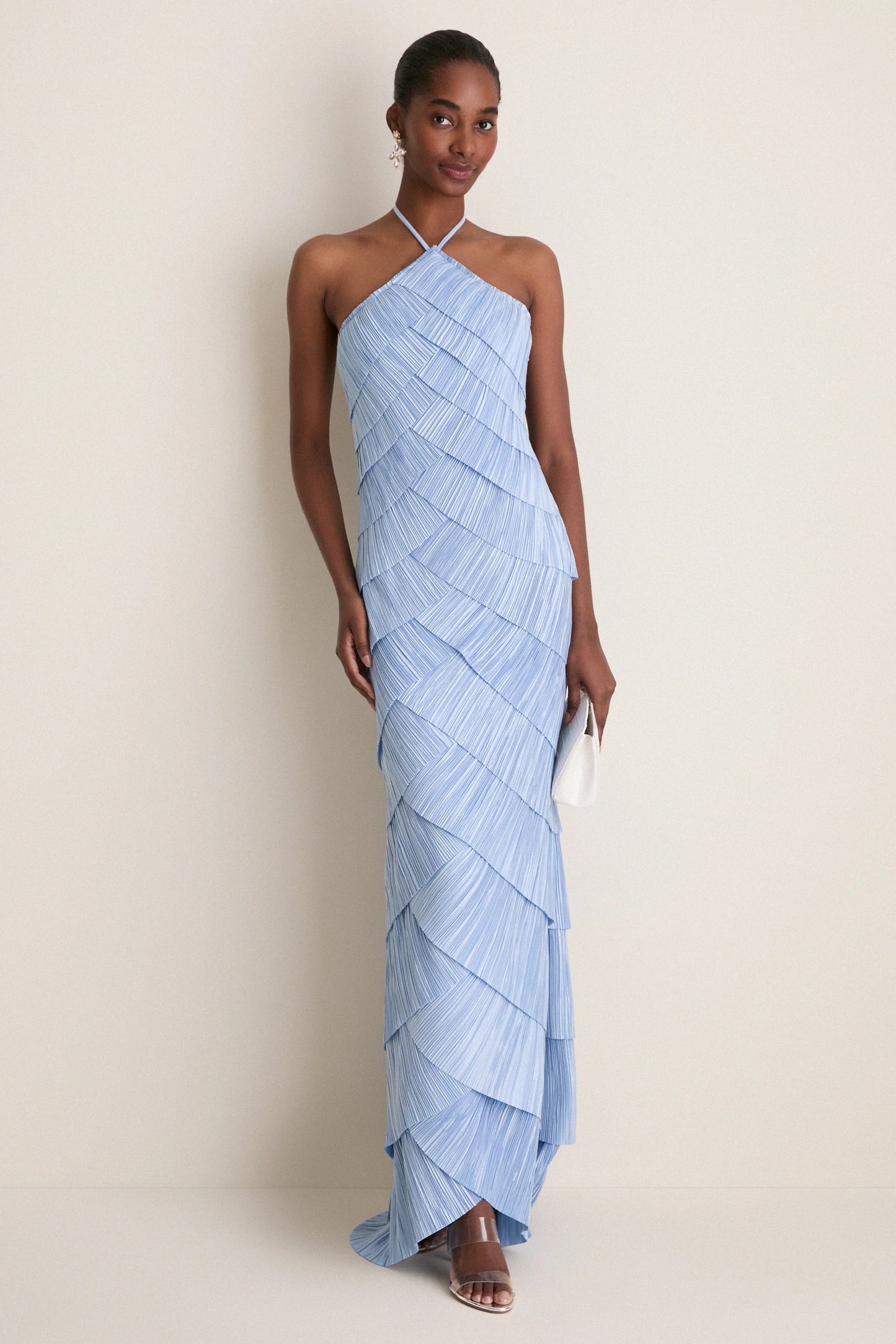 Light Blue Plissé Halter Tiered Maxi Dress