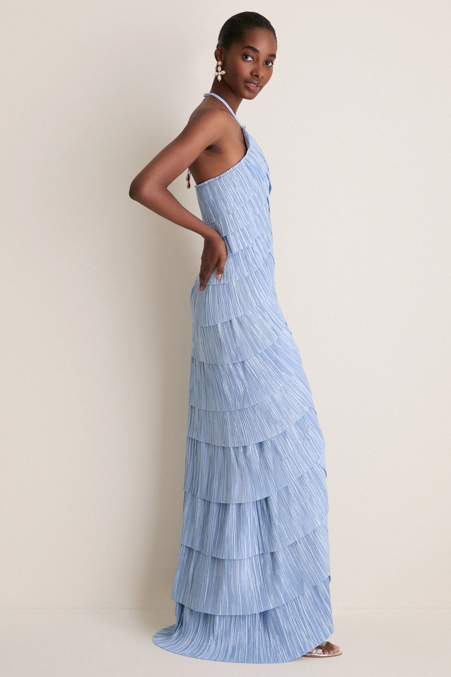 Light Blue Plissé Halter Tiered Maxi Dress