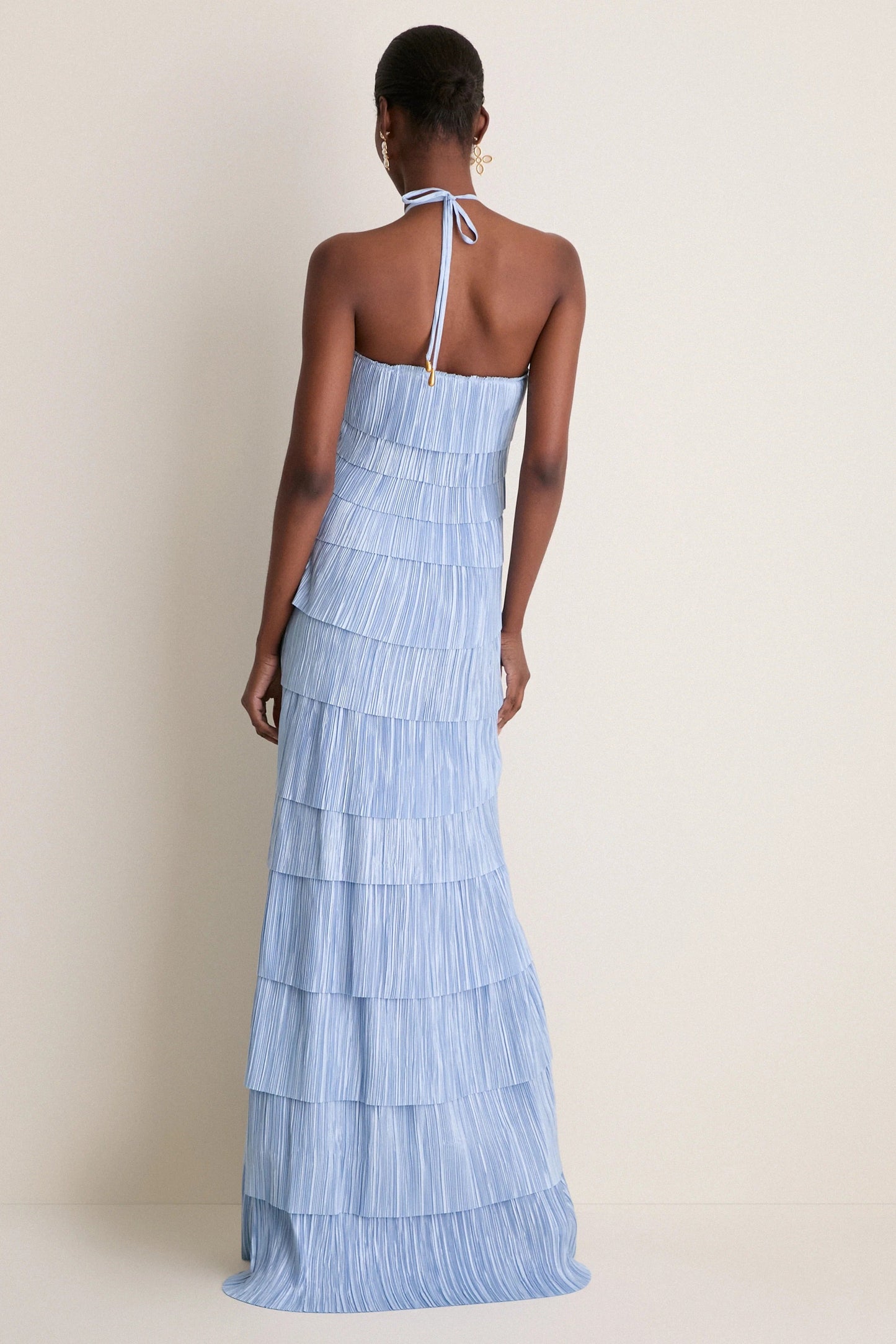 Light Blue Plissé Halter Tiered Maxi Dress