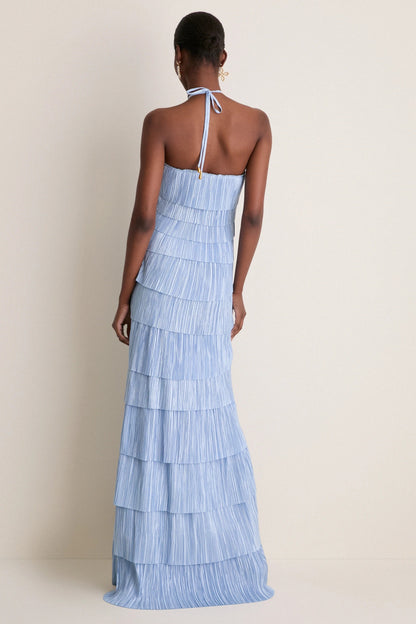 Light Blue Plissé Halter Tiered Maxi Dress