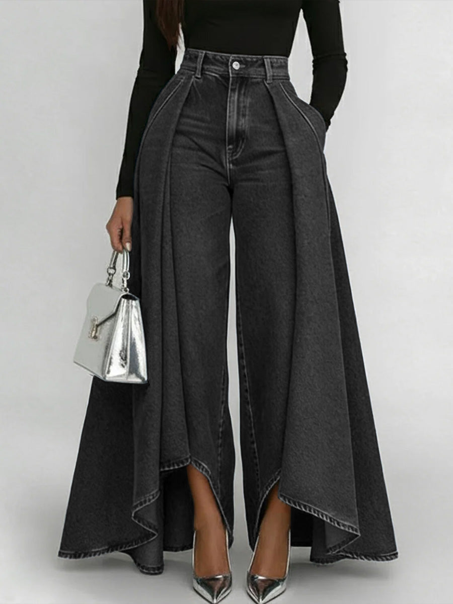 Calça Jeans Palazzo Cintura Alta com Babado Sobreposto