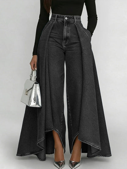 Calça Jeans Palazzo Cintura Alta com Babado Sobreposto