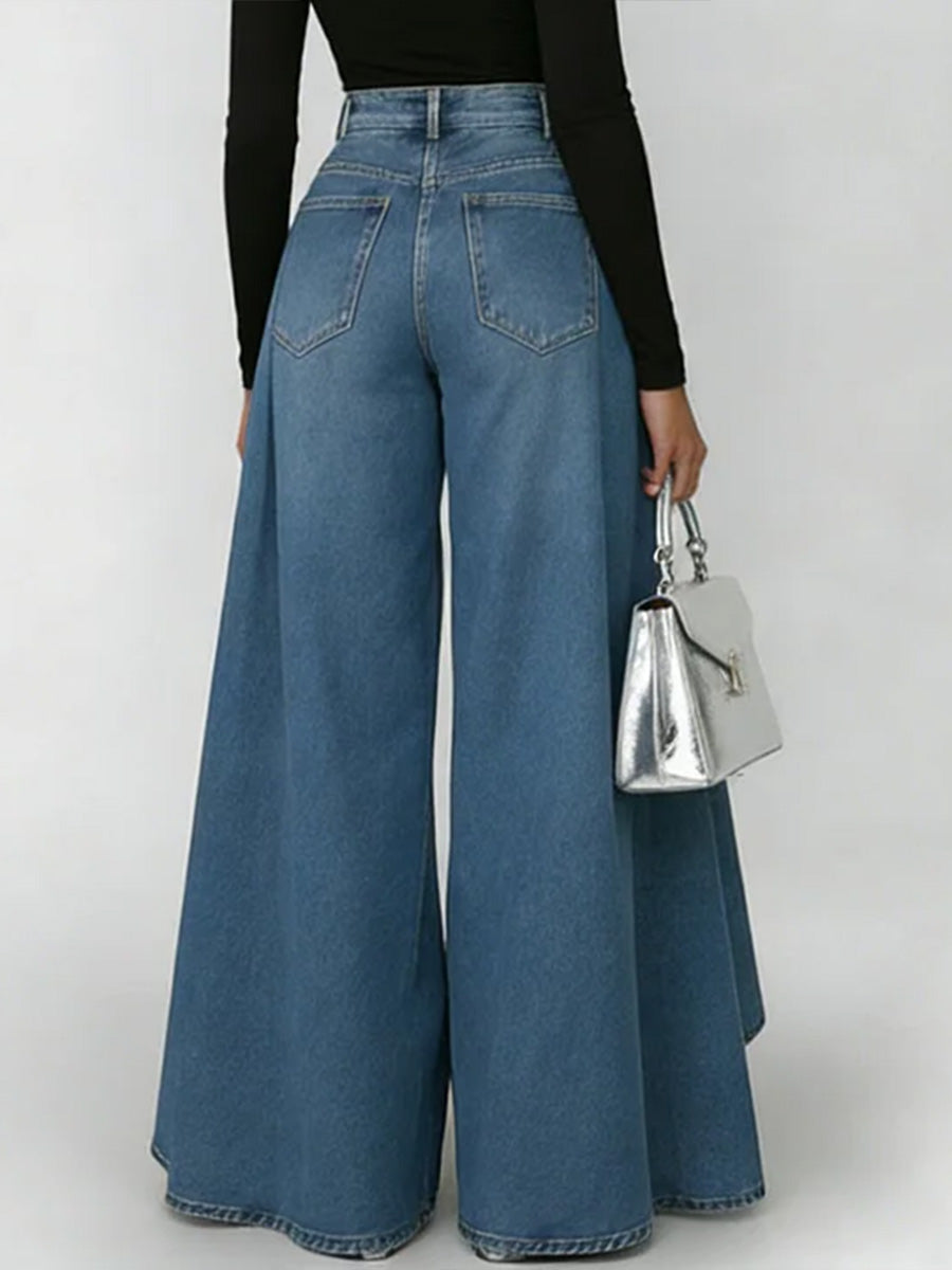 Calça Jeans Palazzo Cintura Alta com Babado Sobreposto