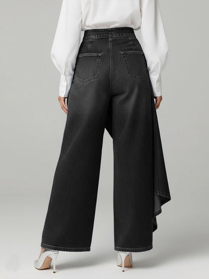 Calça Jeans Wide Leg com Transpasse Assimétrico e Cintura Alta