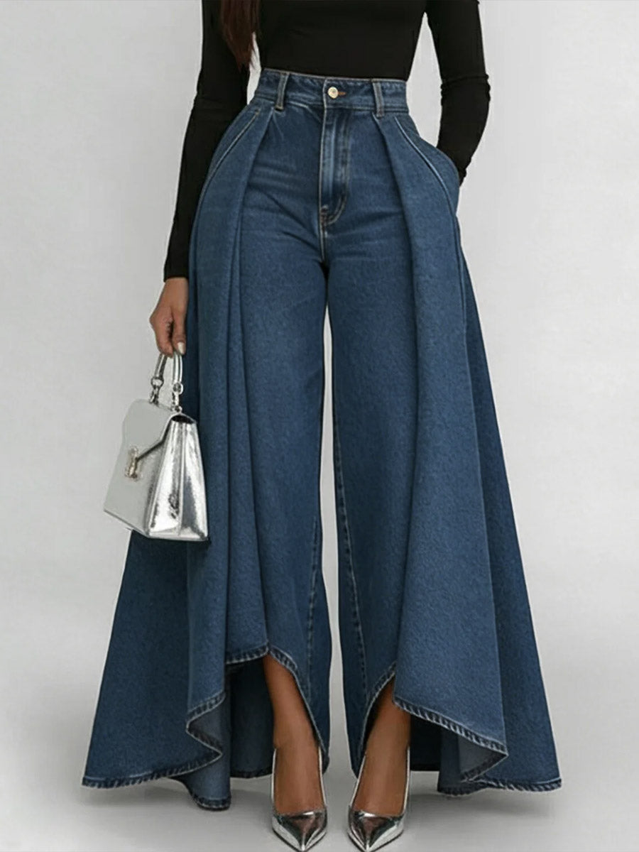 Calça Jeans Palazzo Cintura Alta com Babado Sobreposto