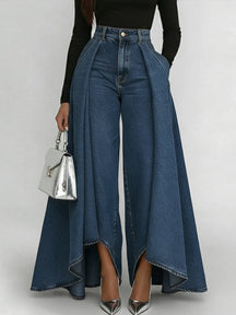 Calça Jeans Palazzo Cintura Alta com Babado Sobreposto