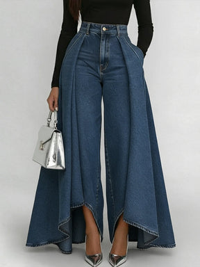 Calça Jeans Palazzo Cintura Alta com Babado Sobreposto