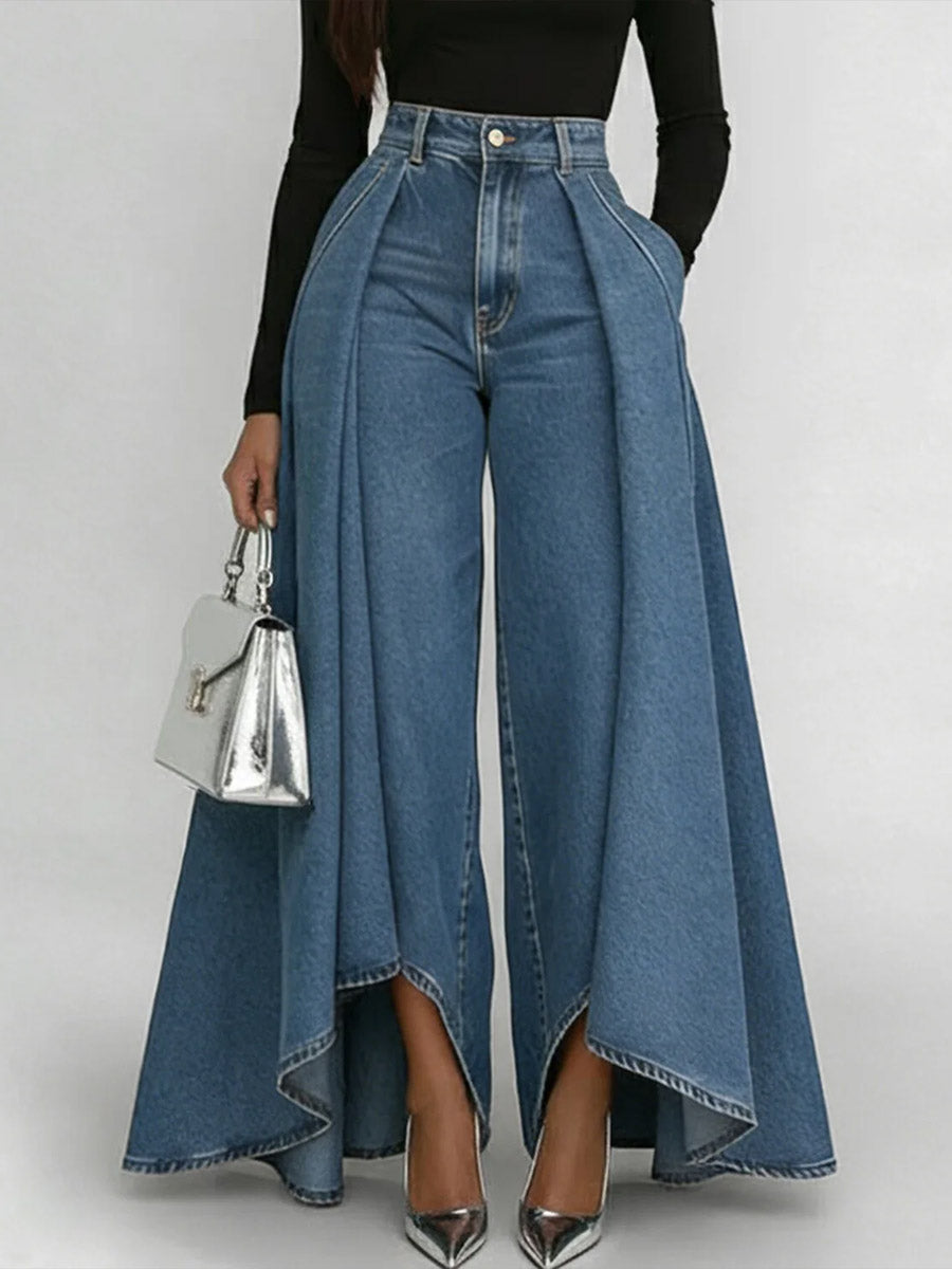 Calça Jeans Palazzo Cintura Alta com Babado Sobreposto