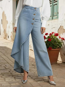 Calça Jeans Wide Leg com Transpasse Assimétrico e Cintura Alta