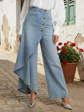 Calça Jeans Wide Leg com Transpasse Assimétrico e Cintura Alta