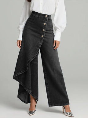Calça Jeans Wide Leg com Transpasse Assimétrico e Cintura Alta