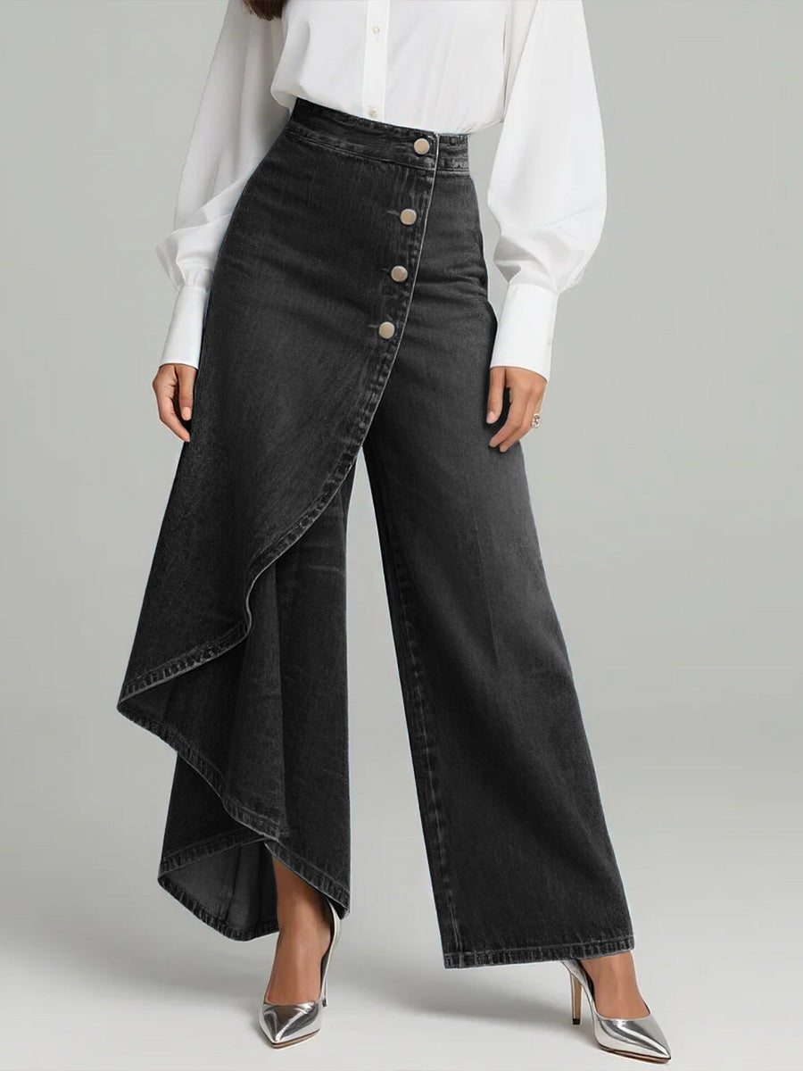 Calça Jeans Wide Leg com Transpasse Assimétrico e Cintura Alta