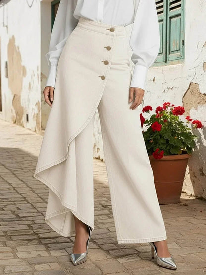 Calça Jeans Wide Leg com Transpasse Assimétrico e Cintura Alta
