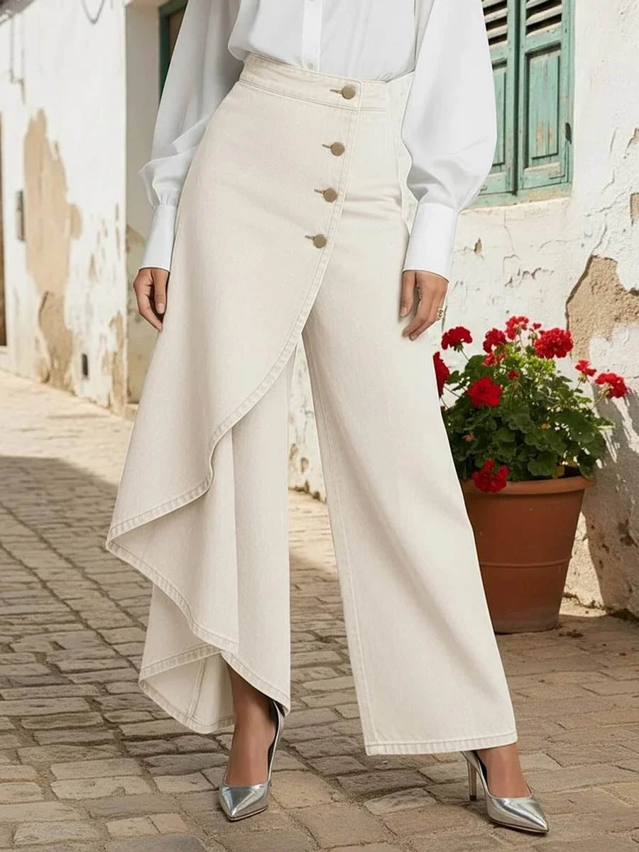 Calça Jeans Wide Leg com Transpasse Assimétrico e Cintura Alta