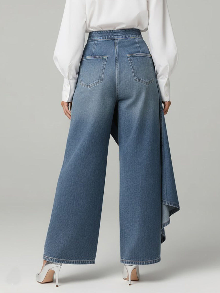 Calça Jeans Wide Leg com Transpasse Assimétrico e Cintura Alta