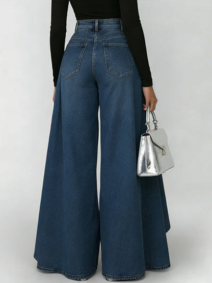Calça Jeans Palazzo Cintura Alta com Babado Sobreposto