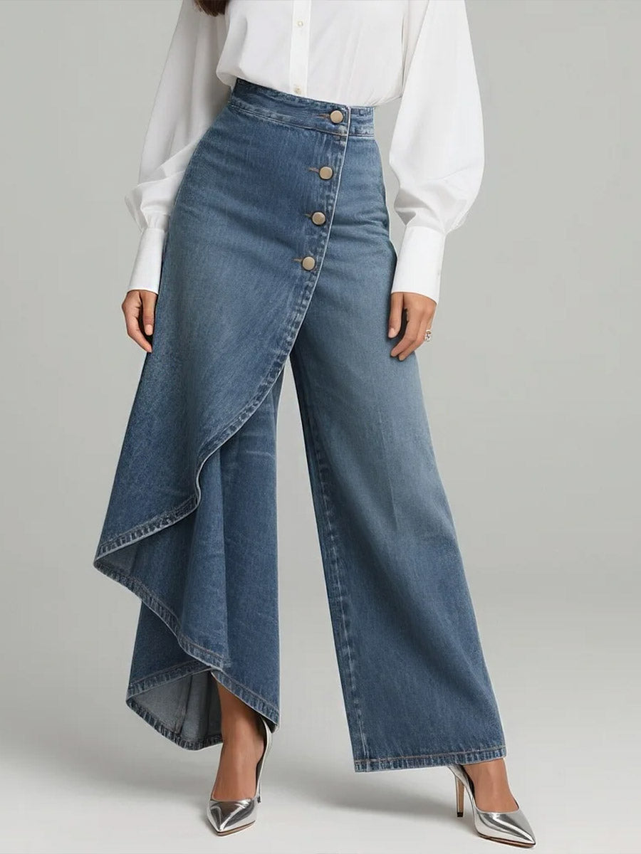 Calça Jeans Wide Leg com Transpasse Assimétrico e Cintura Alta