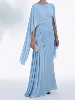 Vestido Longo com Mangas em Capa e Drapado Elegante