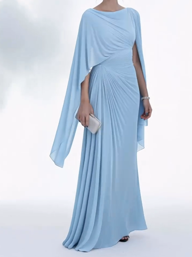 Vestido Longo com Mangas em Capa e Drapado Elegante